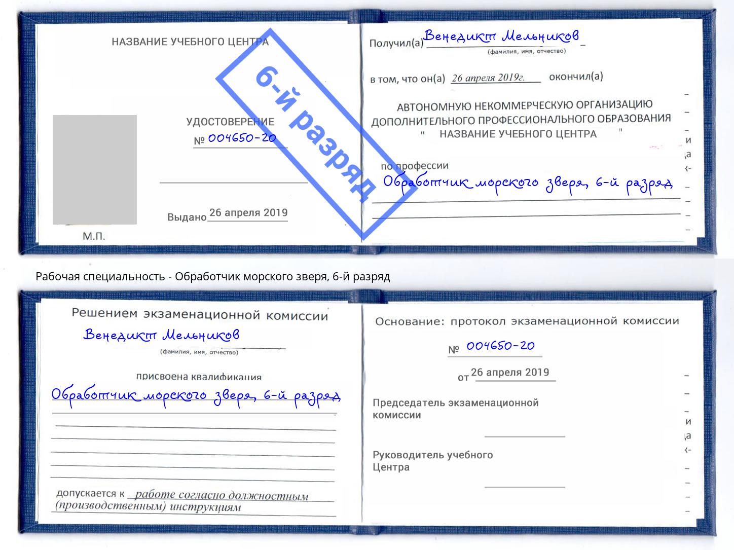 корочка 6-й разряд Обработчик морского зверя Малгобек