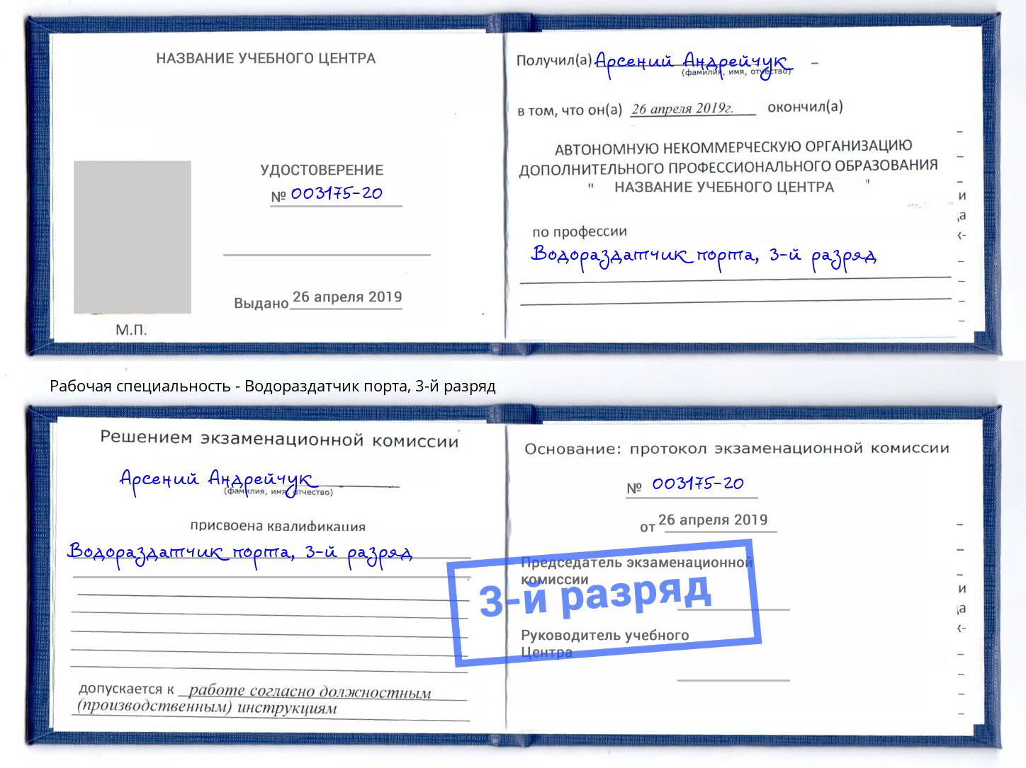 корочка 3-й разряд Водораздатчик порта Малгобек