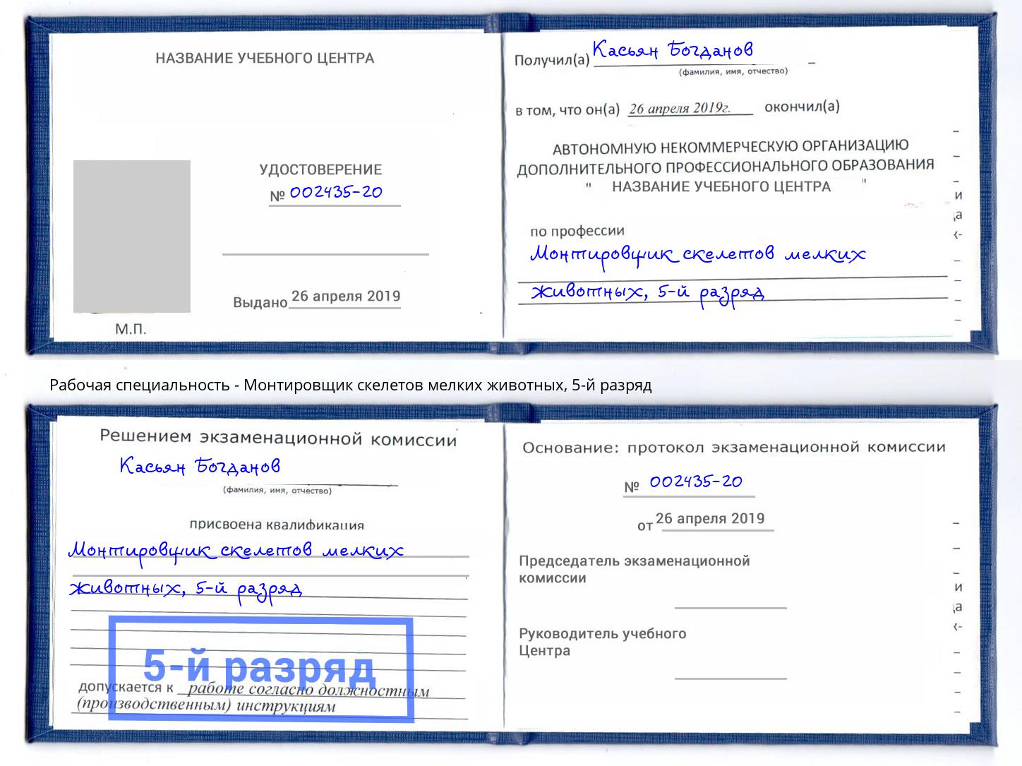 корочка 5-й разряд Монтировщик скелетов мелких животных Малгобек