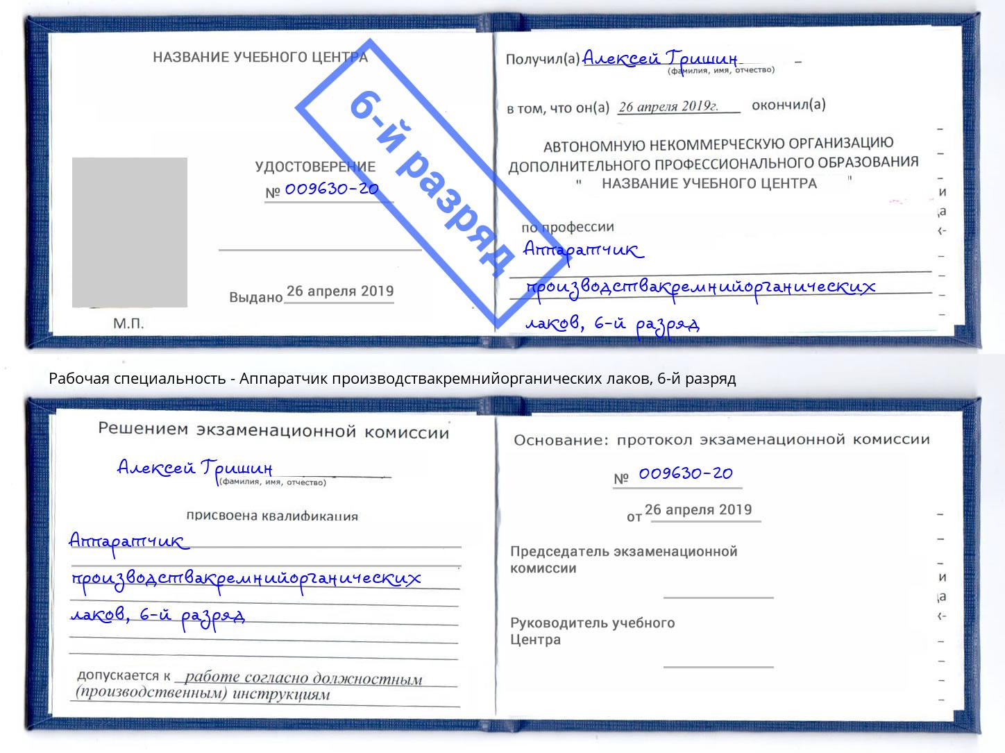 корочка 6-й разряд Аппаратчик производствакремнийорганических лаков Малгобек