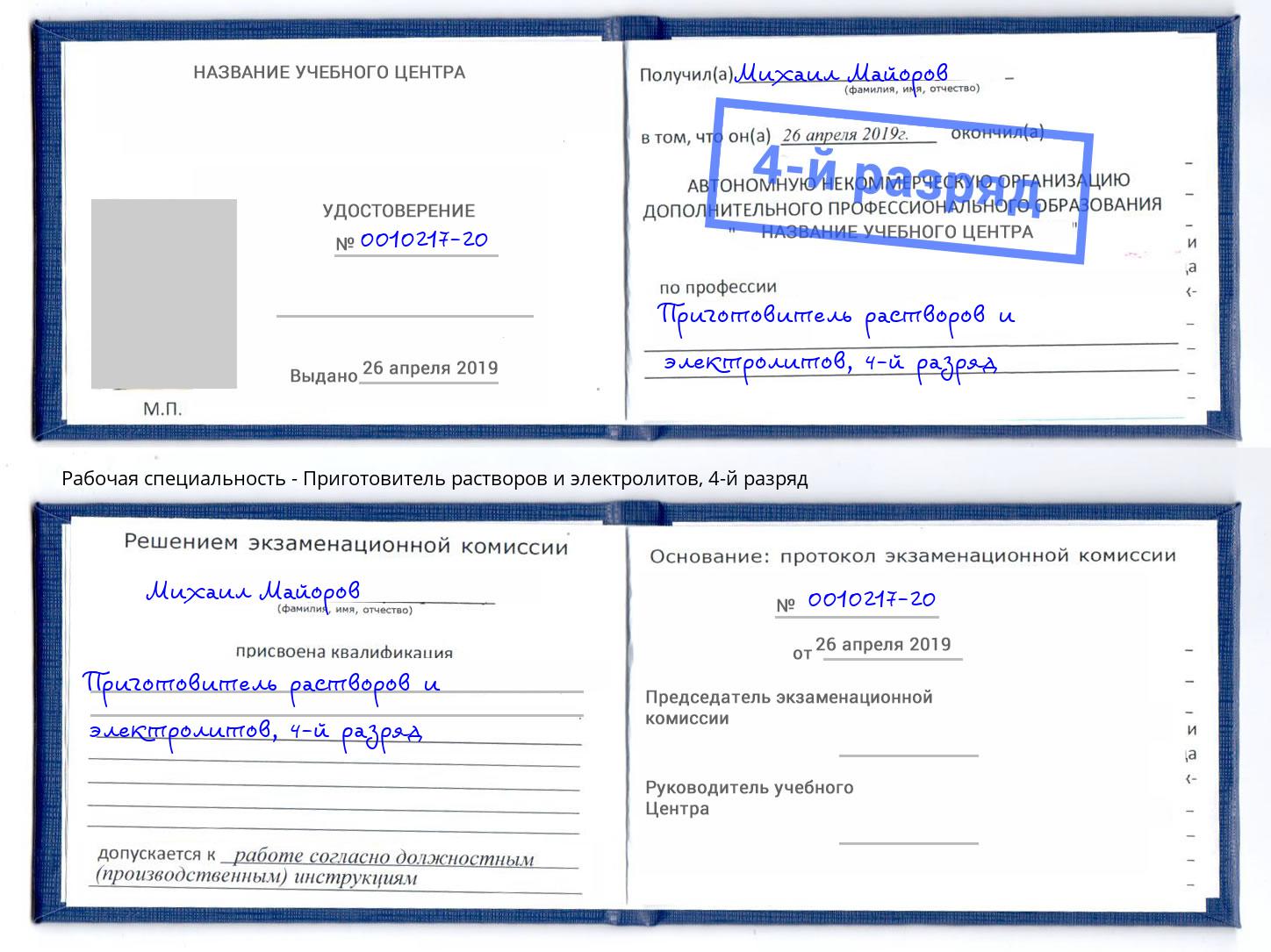 корочка 4-й разряд Приготовитель растворов и электролитов Малгобек