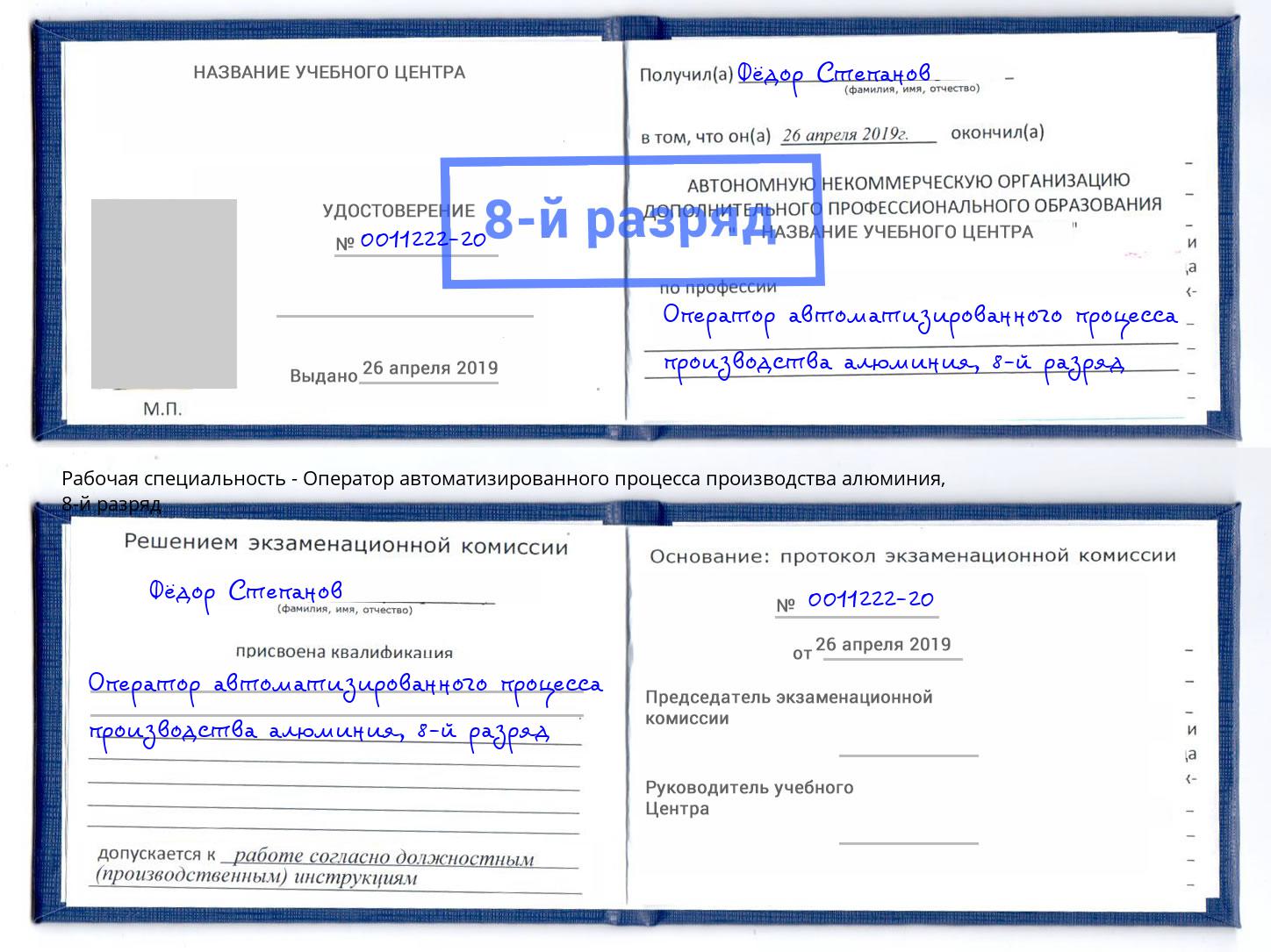 корочка 8-й разряд Оператор автоматизированного процесса производства алюминия Малгобек