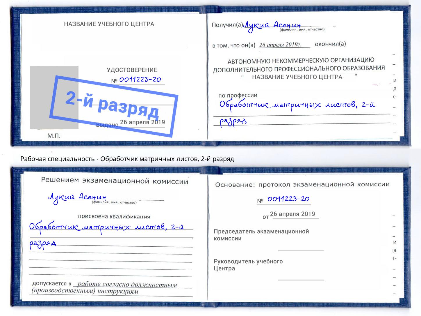 корочка 2-й разряд Обработчик матричных листов Малгобек